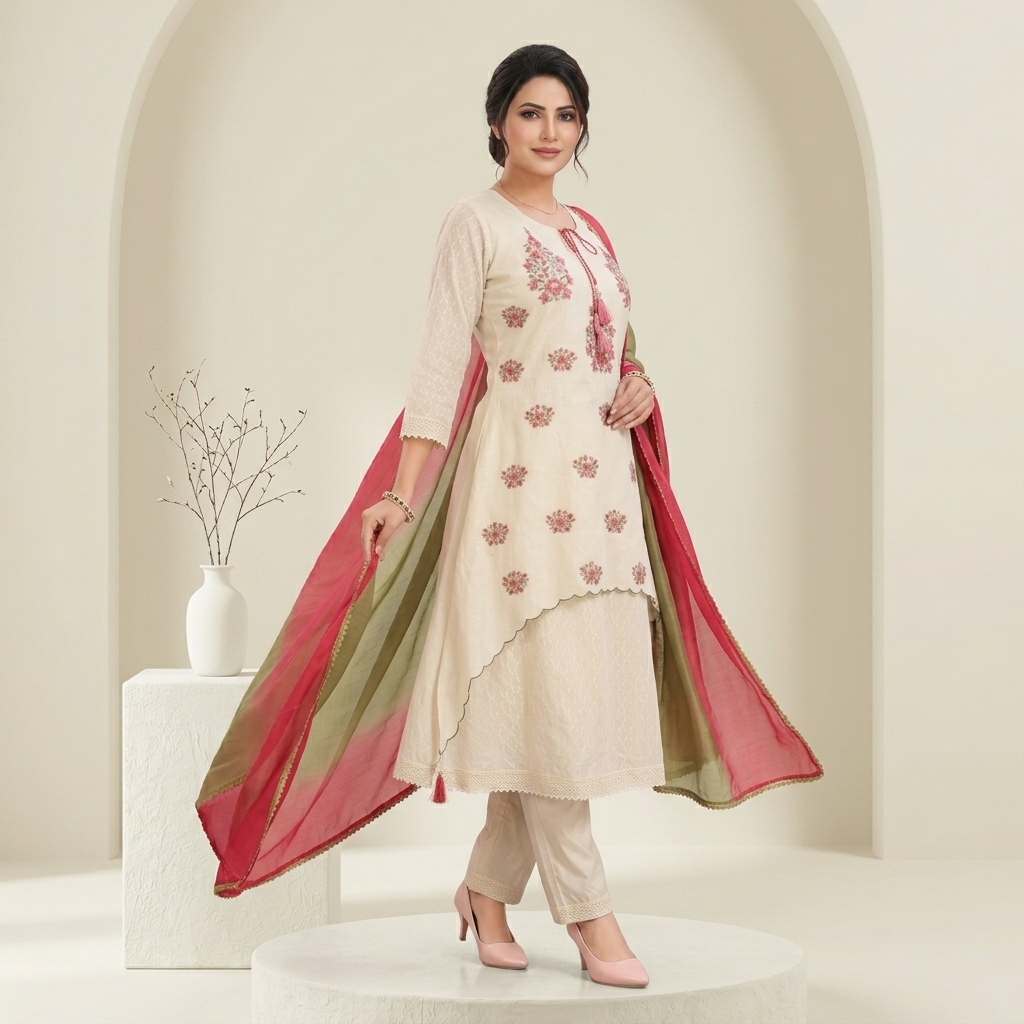 Pink Floral Embroidered 3 Pcs Suit Set