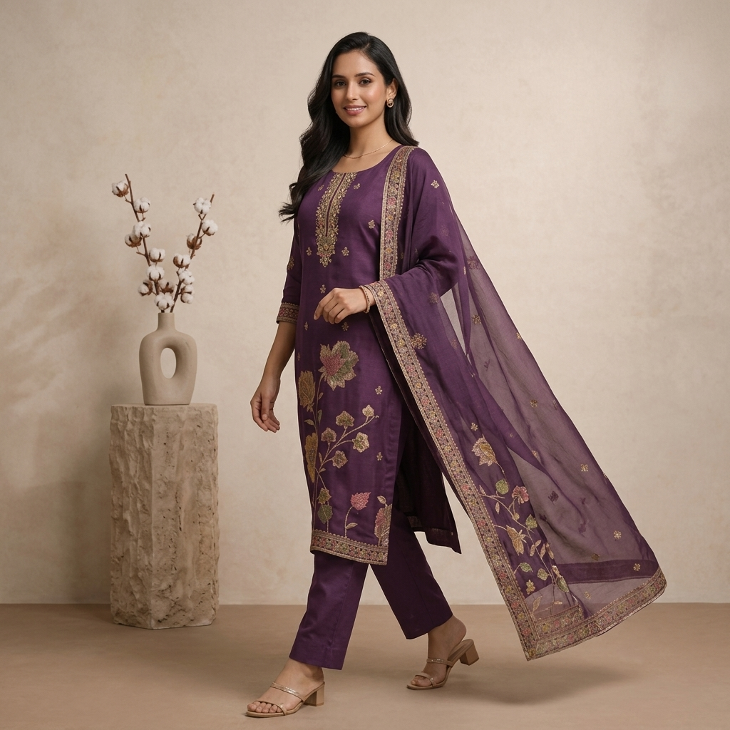 Plum Floral 3 Pcs Suit Set