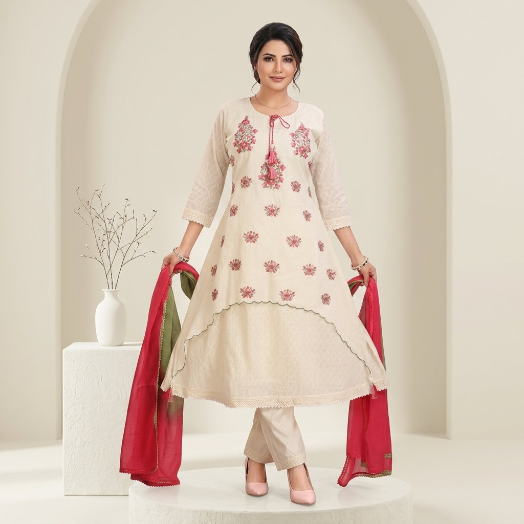 Pink Floral Embroidered 3 Pcs Suit Set