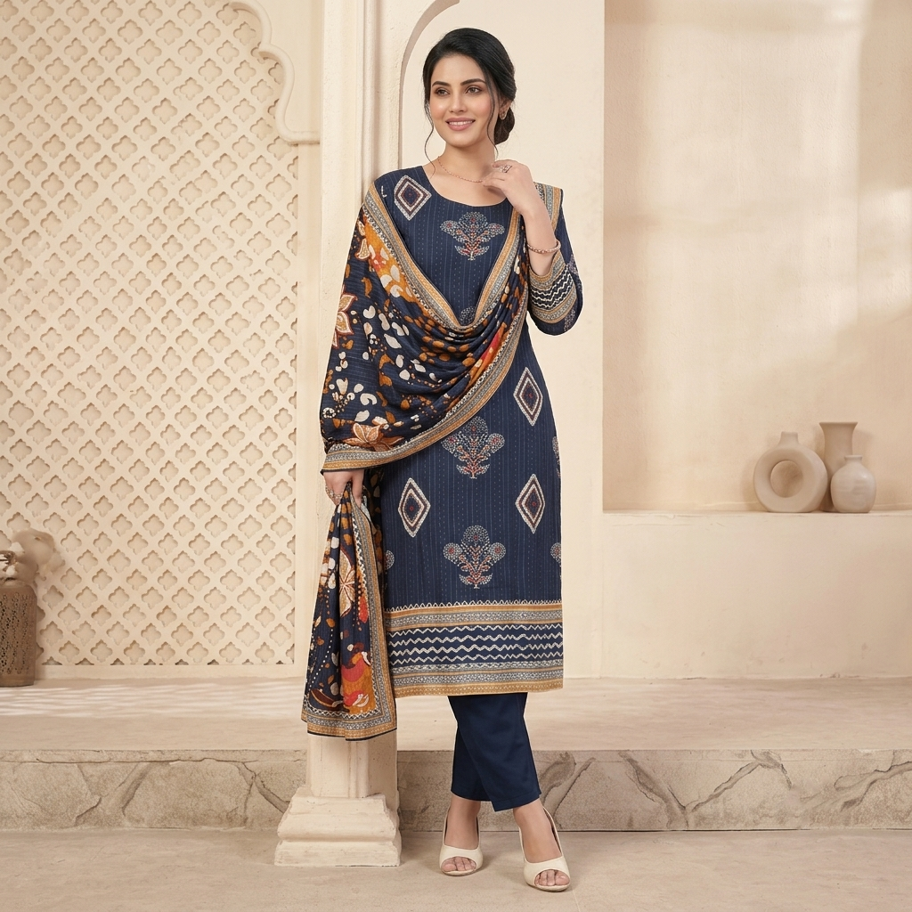 Midnight Blue Ethnic Print 3 Pcs Suit Set