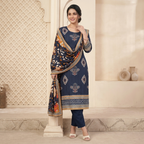 Midnight Blue Ethnic Print 3 Pcs Suit Set
