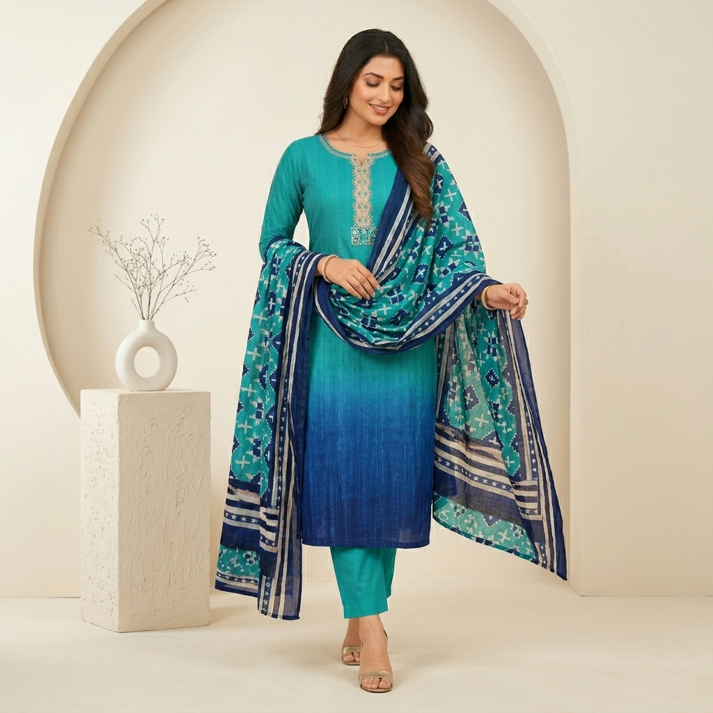 Teal Blue Ombre 3 Pcs Suit Set