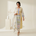 Yellow Ethnic Floral Printed 3 Pcs Suit Set