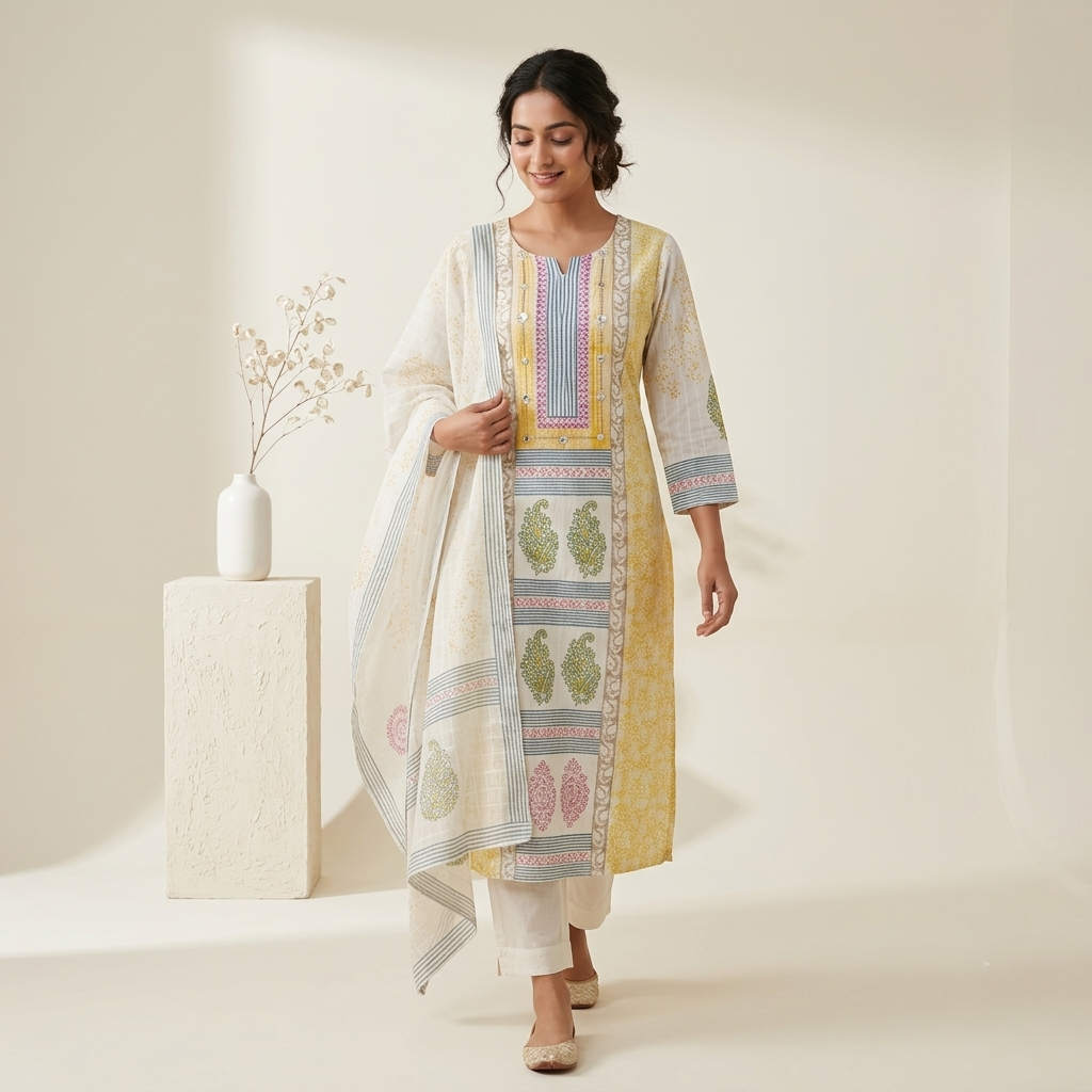 Yellow Ethnic Floral Printed 3 Pcs Suit Set