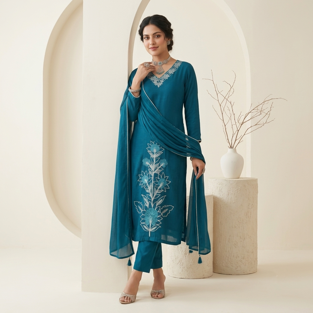 Peacock Blue Embroidered 3 Pcs Suit Set