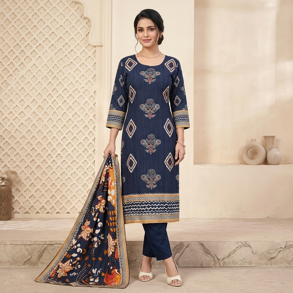 Midnight Blue Ethnic Print 3 Pcs Suit Set