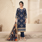 Midnight Blue Ethnic Print 3 Pcs Suit Set