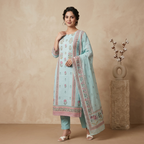 Aqua Floral Print 3 Pcs Suit Set