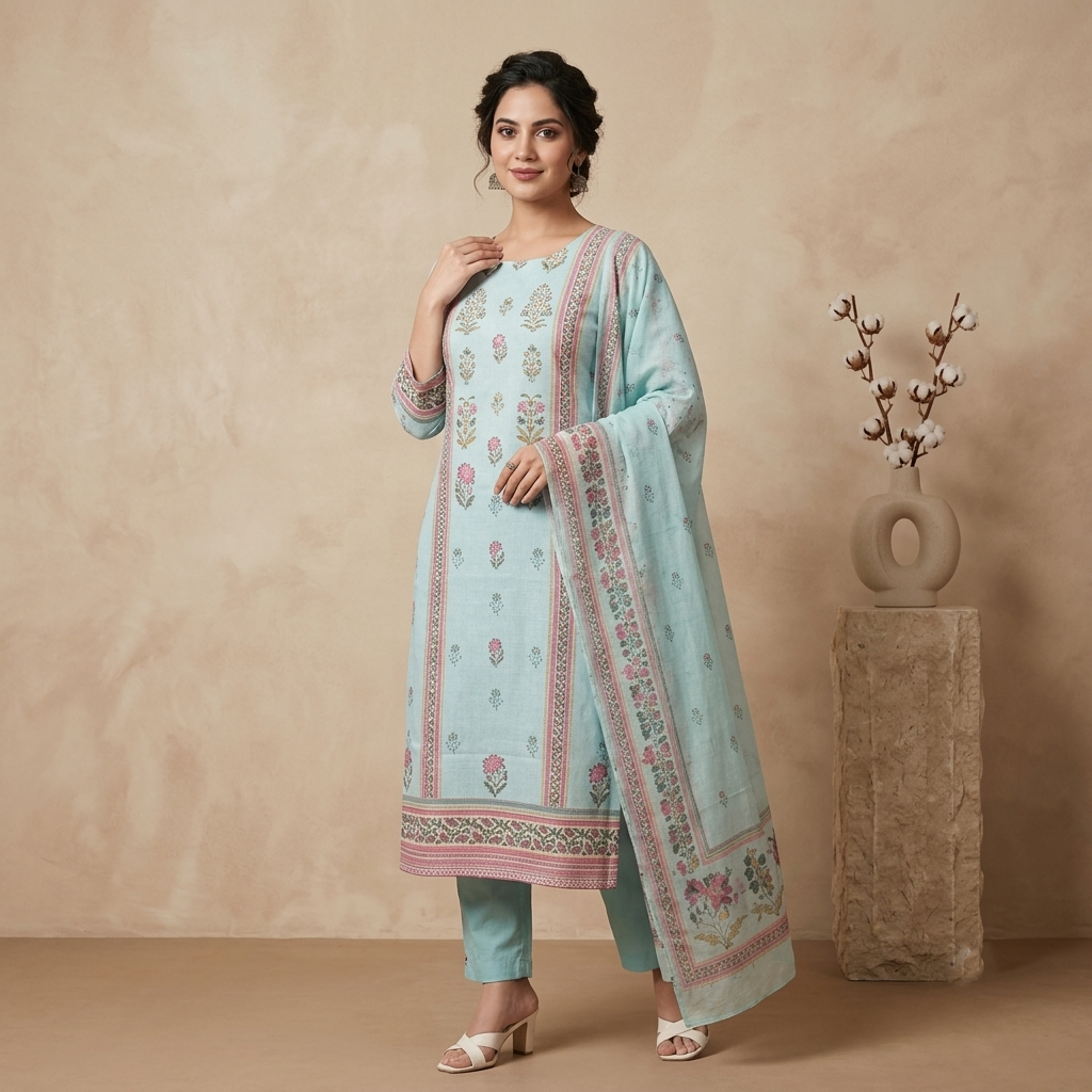 Aqua Floral Print 3 Pcs Suit Set