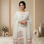 White & Peach Printed 3 Pcs Suit Set