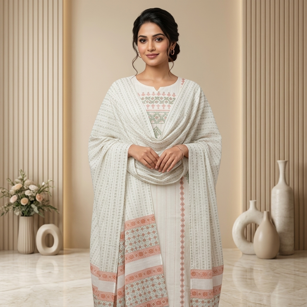 White & Peach Printed 3 Pcs Suit Set
