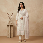 Ivory Pink Motif 3 Pcs Suit Set