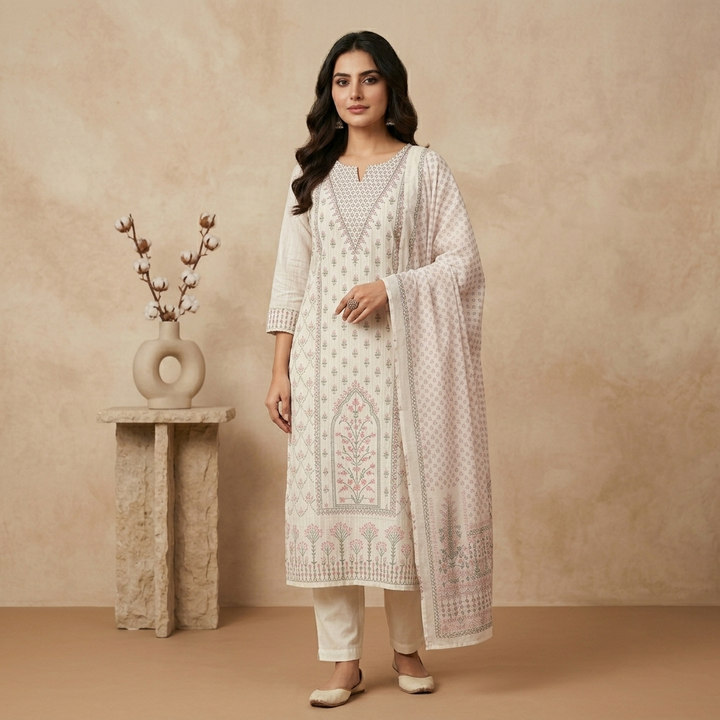 Ivory Pink Motif 3 Pcs Suit Set