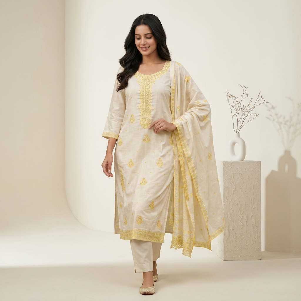 Ivory Yellow Embroidered 3 Pcs Suit Set