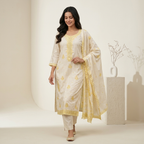 Ivory Yellow Embroidered 3 Pcs Suit Set