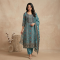Teal Paisley Print 3 Pcs Suit Set