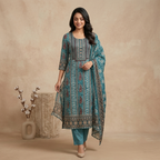 Teal Paisley Print 3 Pcs Suit Set