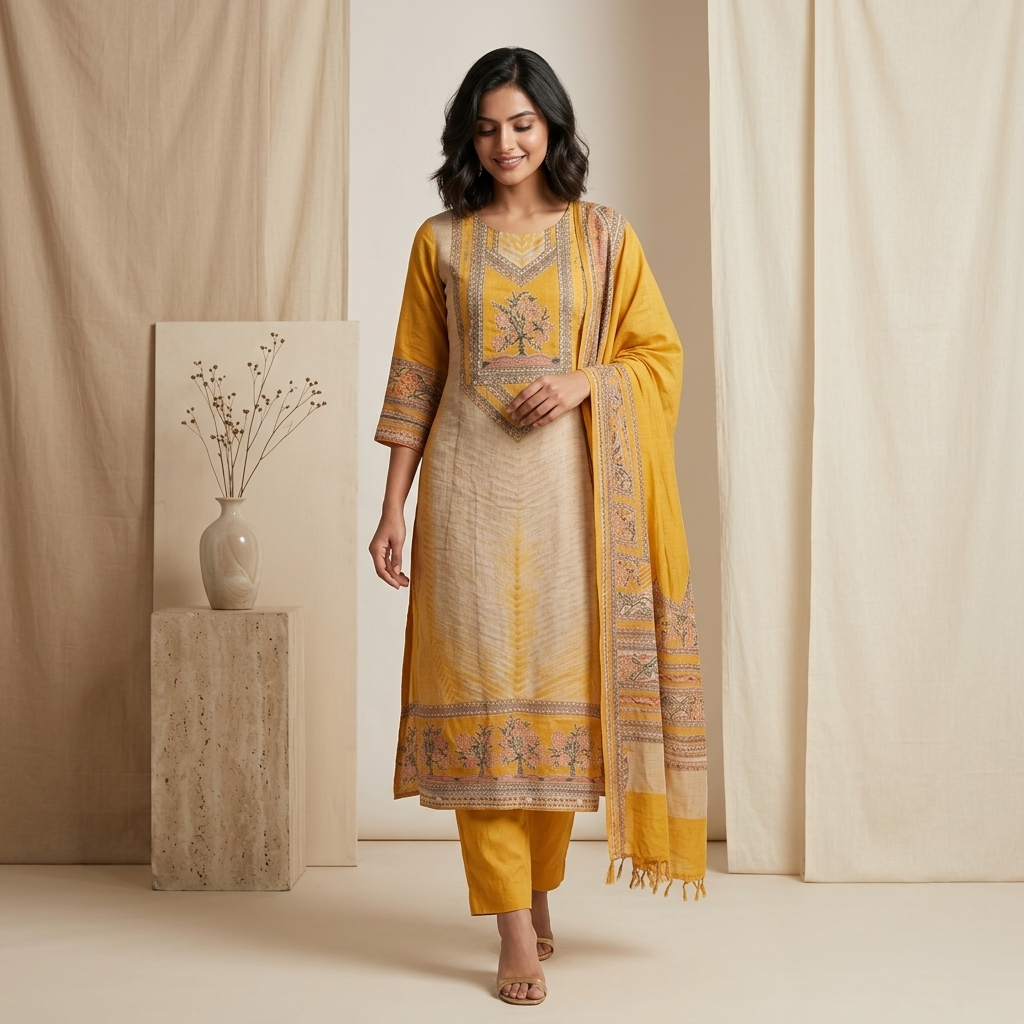 Golden Yellow Floral 3 Pcs Suit Set