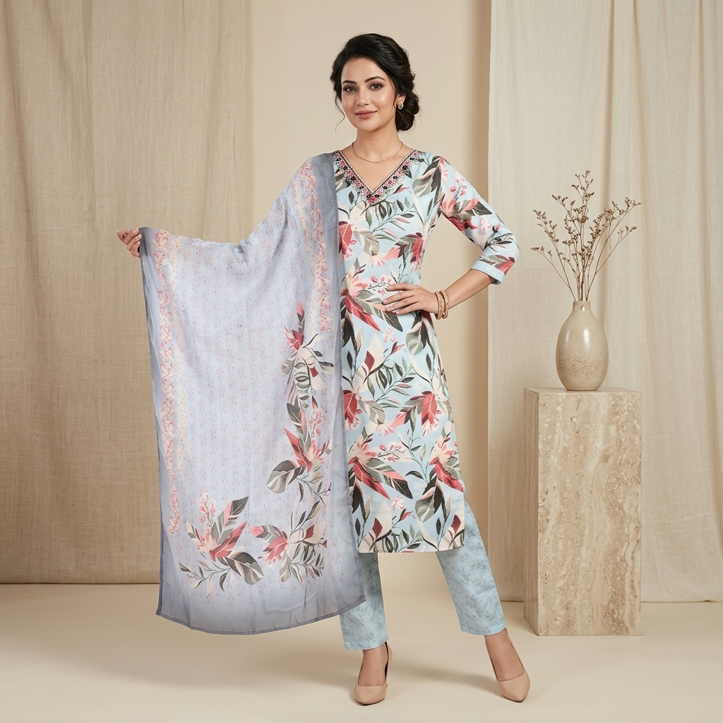 Blue Tropical Print 3 Pcs Suit Set