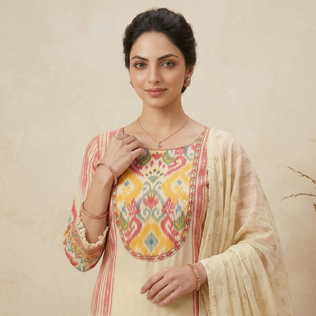 Ivory Ikat 3 Pcs Suit Set