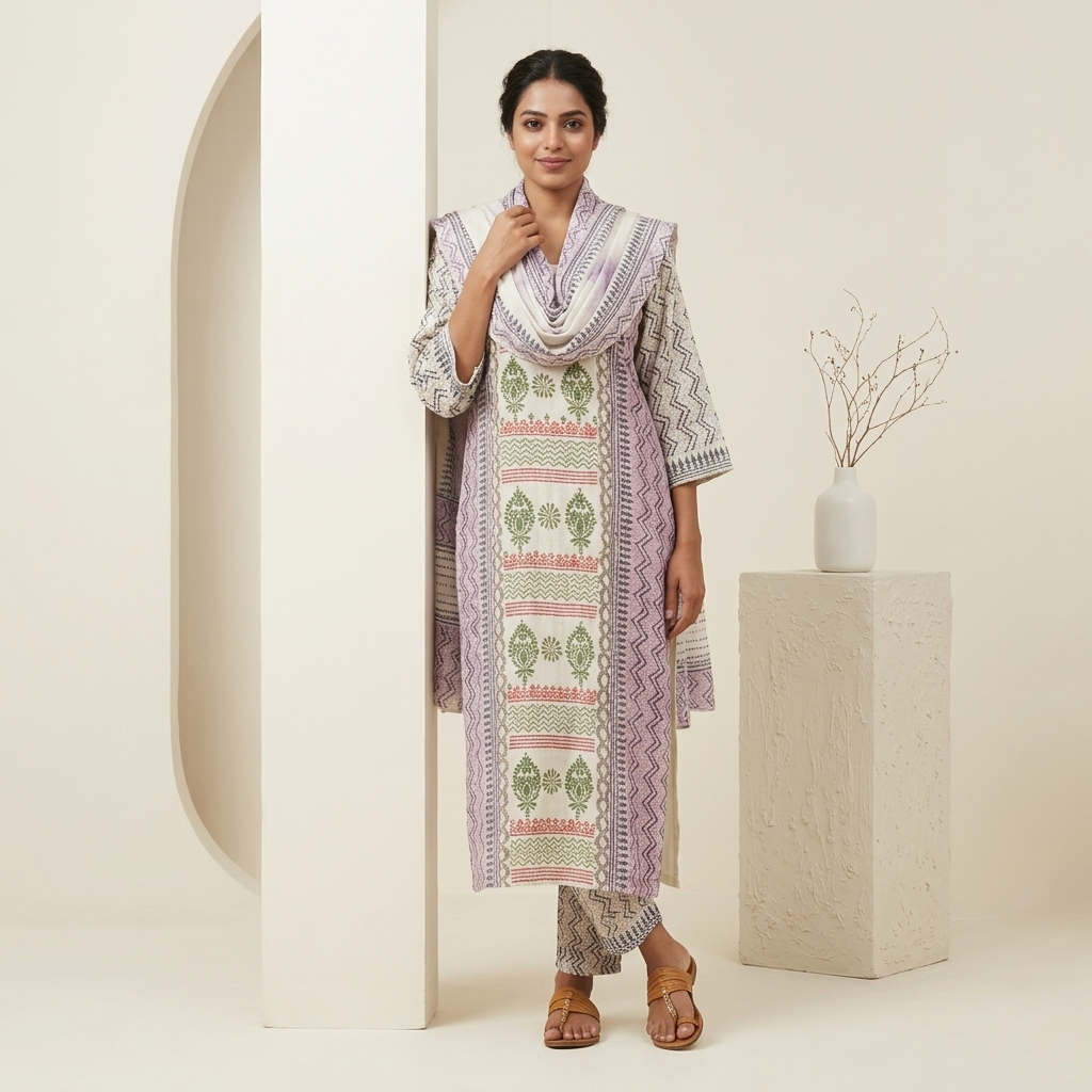 White Ethnic Floral Printed 3 Pcs Suit Set
