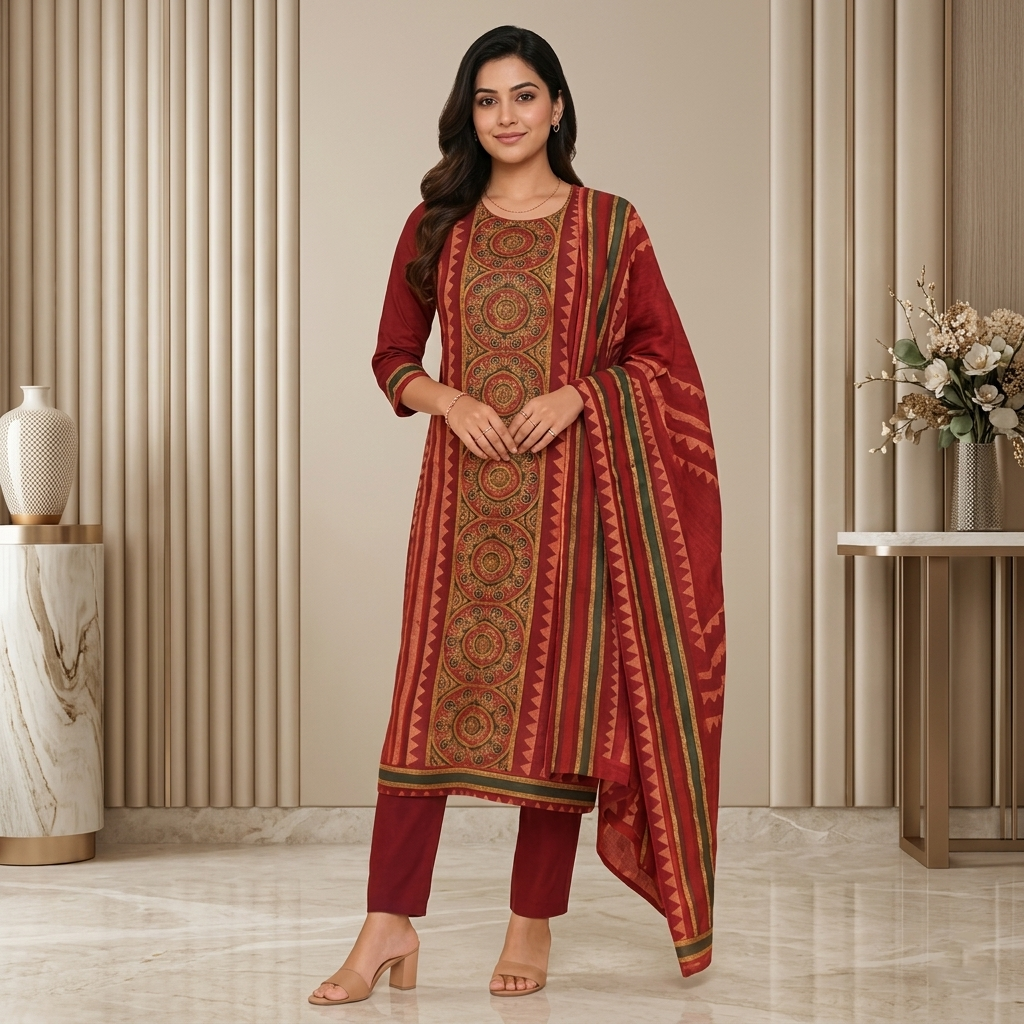 Ajrakh Folk Print Red 3 Pcs Suit Set