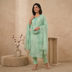 Aqua Leaf Printed 3 Pcs Suit Set