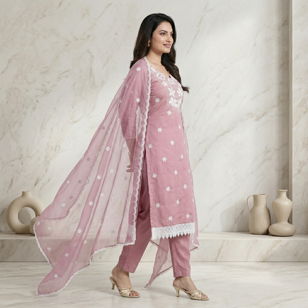 Dusty Rose Floral Embroidered 3 Pcs Suit Set