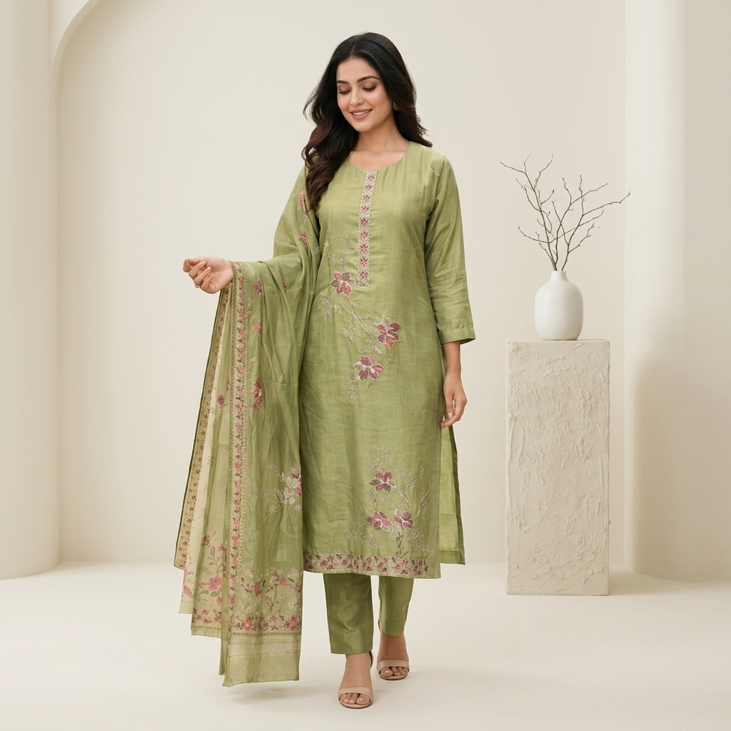 Sage Green Blossom 3 Pcs Suit Set