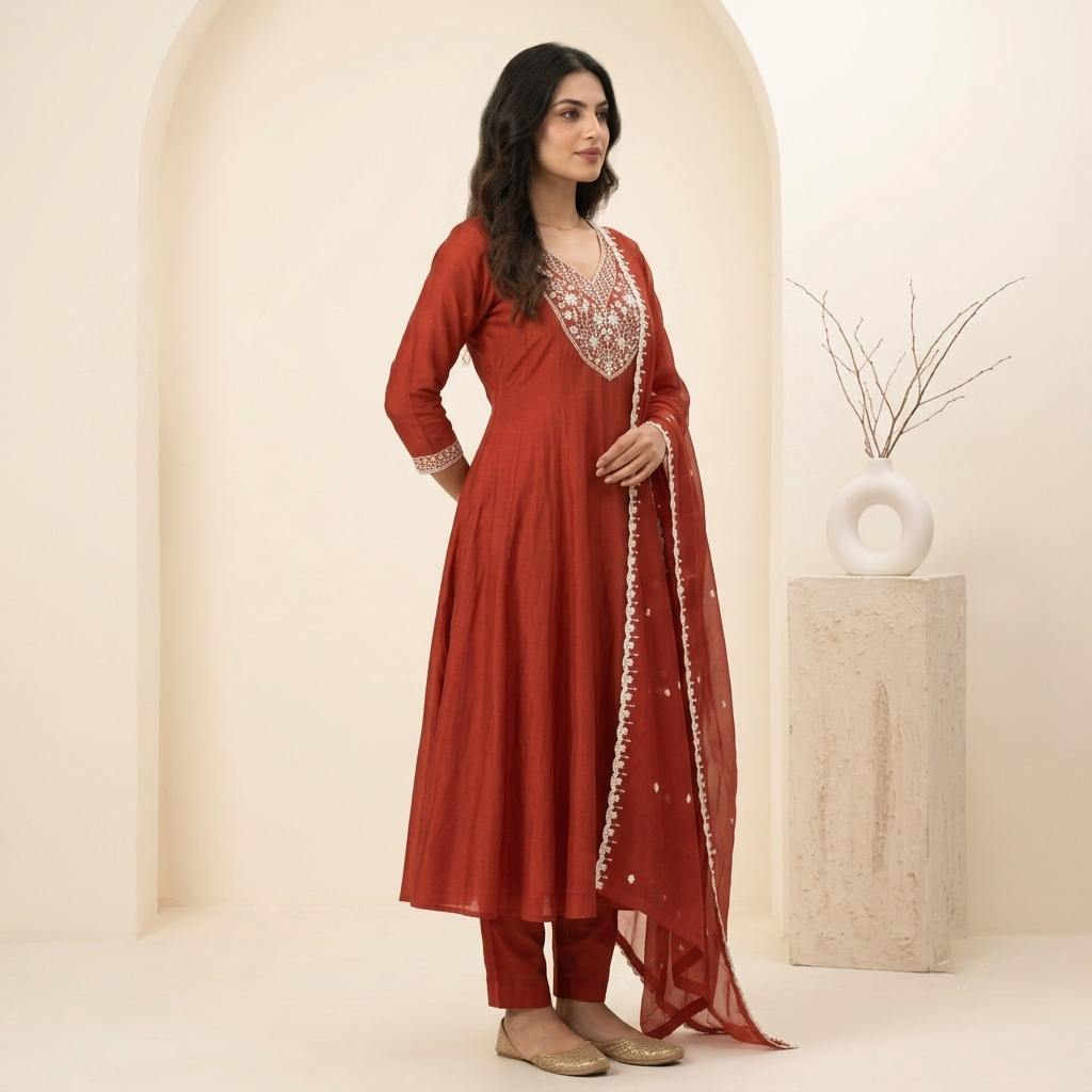Rust Anarkali 3 Pcs Suit Set