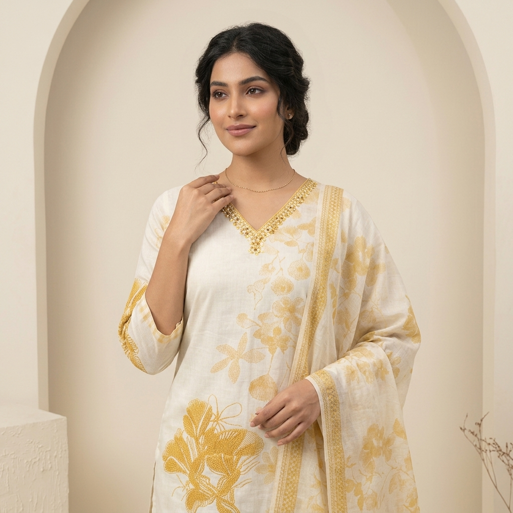 Mustard Floral Print Off White 3 Pcs Suit Set