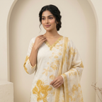 Mustard Floral Print Off White 3 Pcs Suit Set