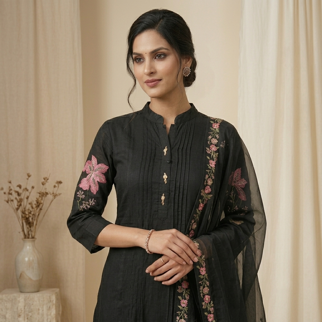 Black Embroidered Floral 3 Pcs Suit Set