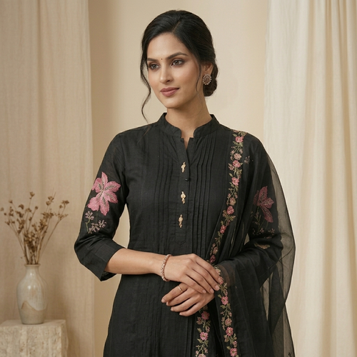 Black Embroidered Floral 3 Pcs Suit Set