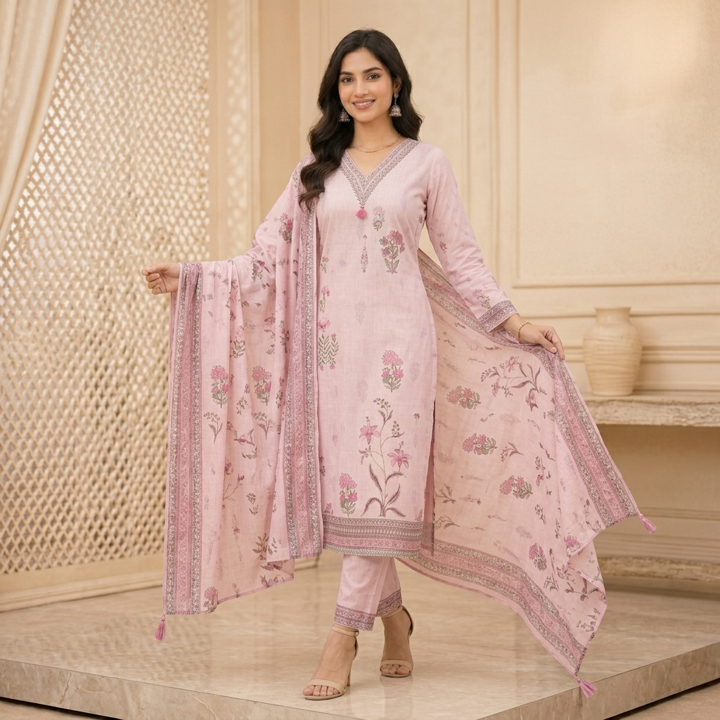 Blush Pink Floral 3 Pcs Suit Set
