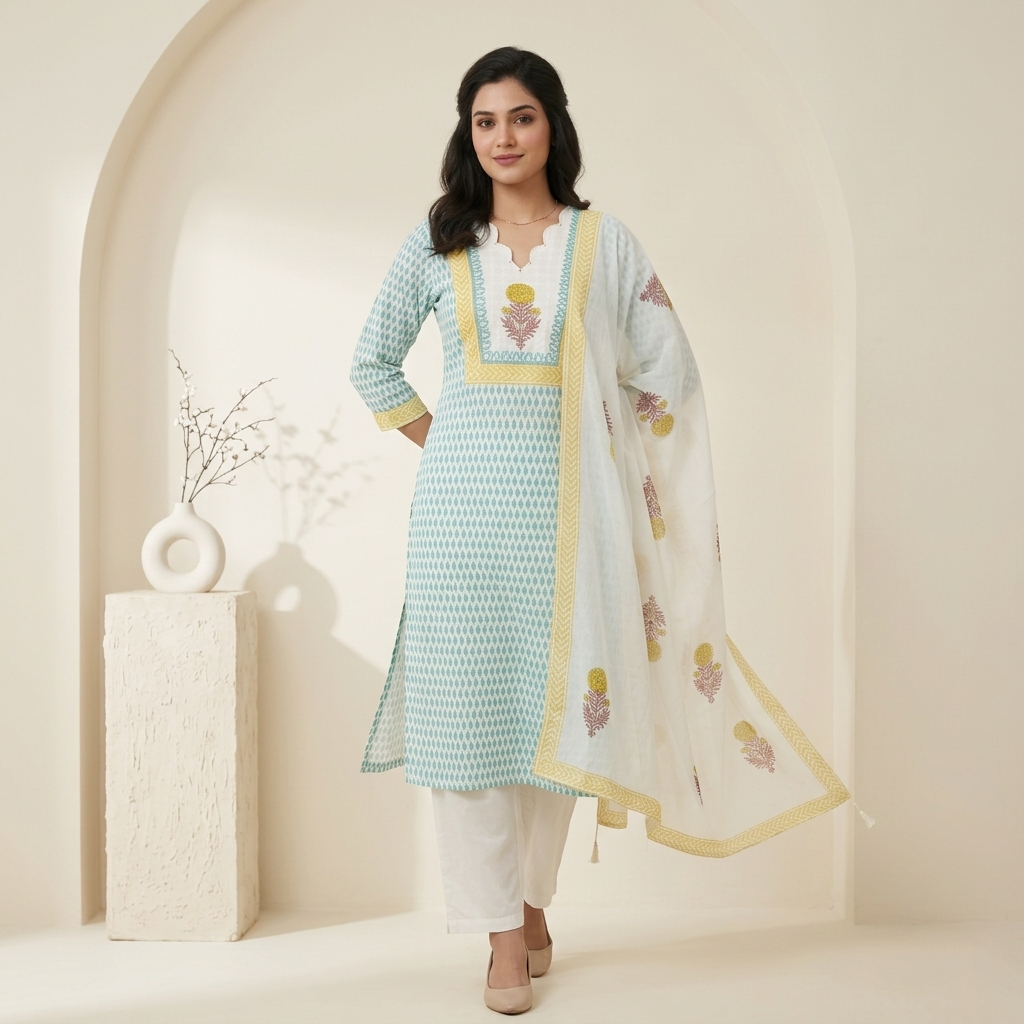 Sky Blue Floral Printed 3 Pcs Suit Set