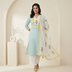 Sky Blue Floral Printed 3 Pcs Suit Set