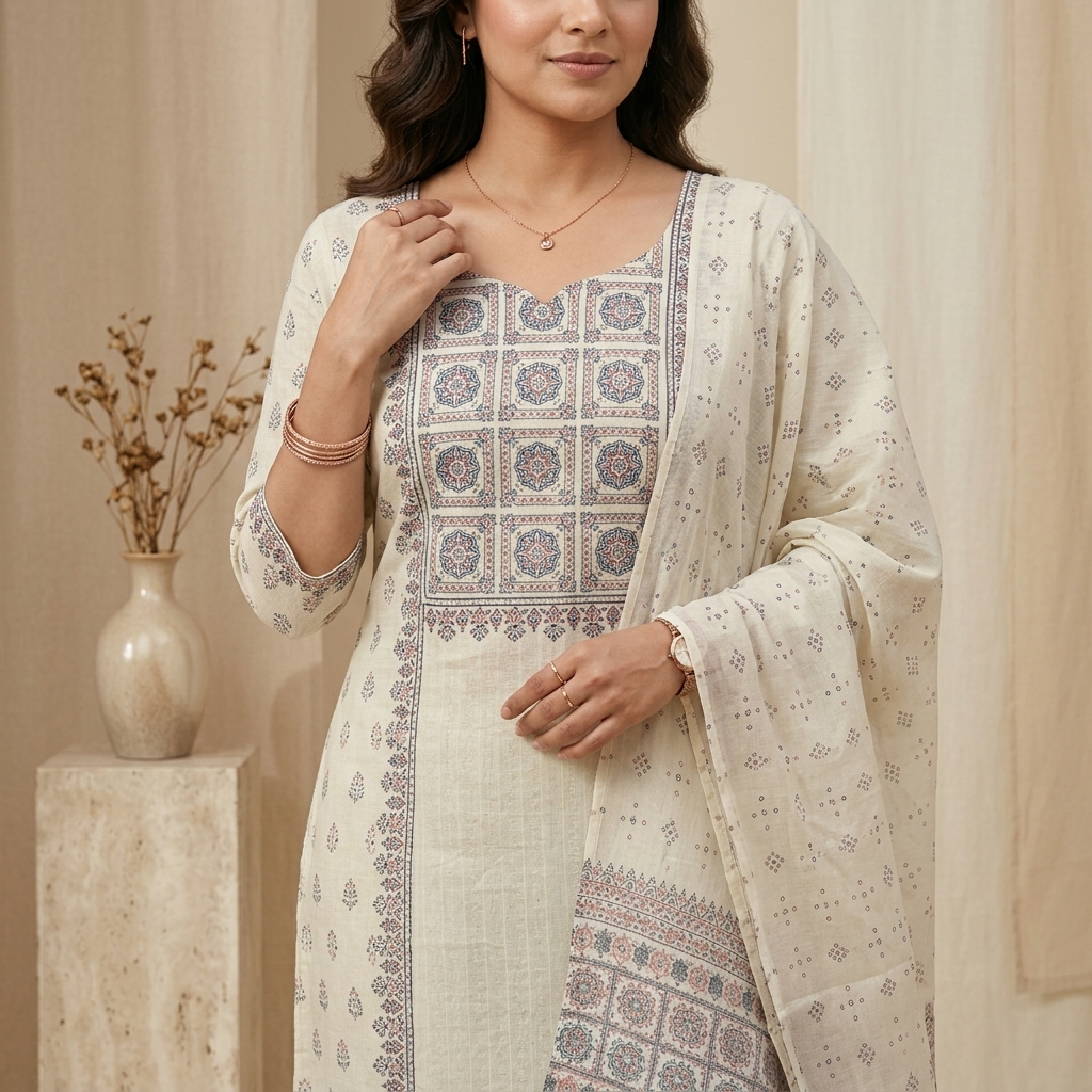 Ivory Printed 3 Pcs Suit Set