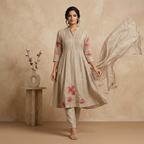 Beige Floral Anarkali 3 Pcs Suit Set