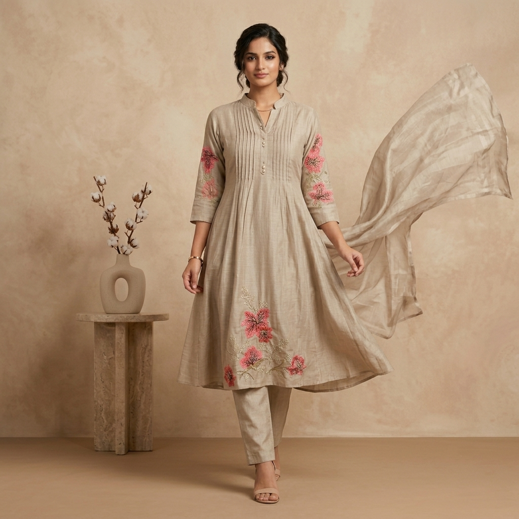 Beige Floral Anarkali 3 Pcs Suit Set