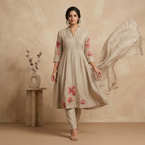 Beige Floral Anarkali 3 Pcs Suit Set