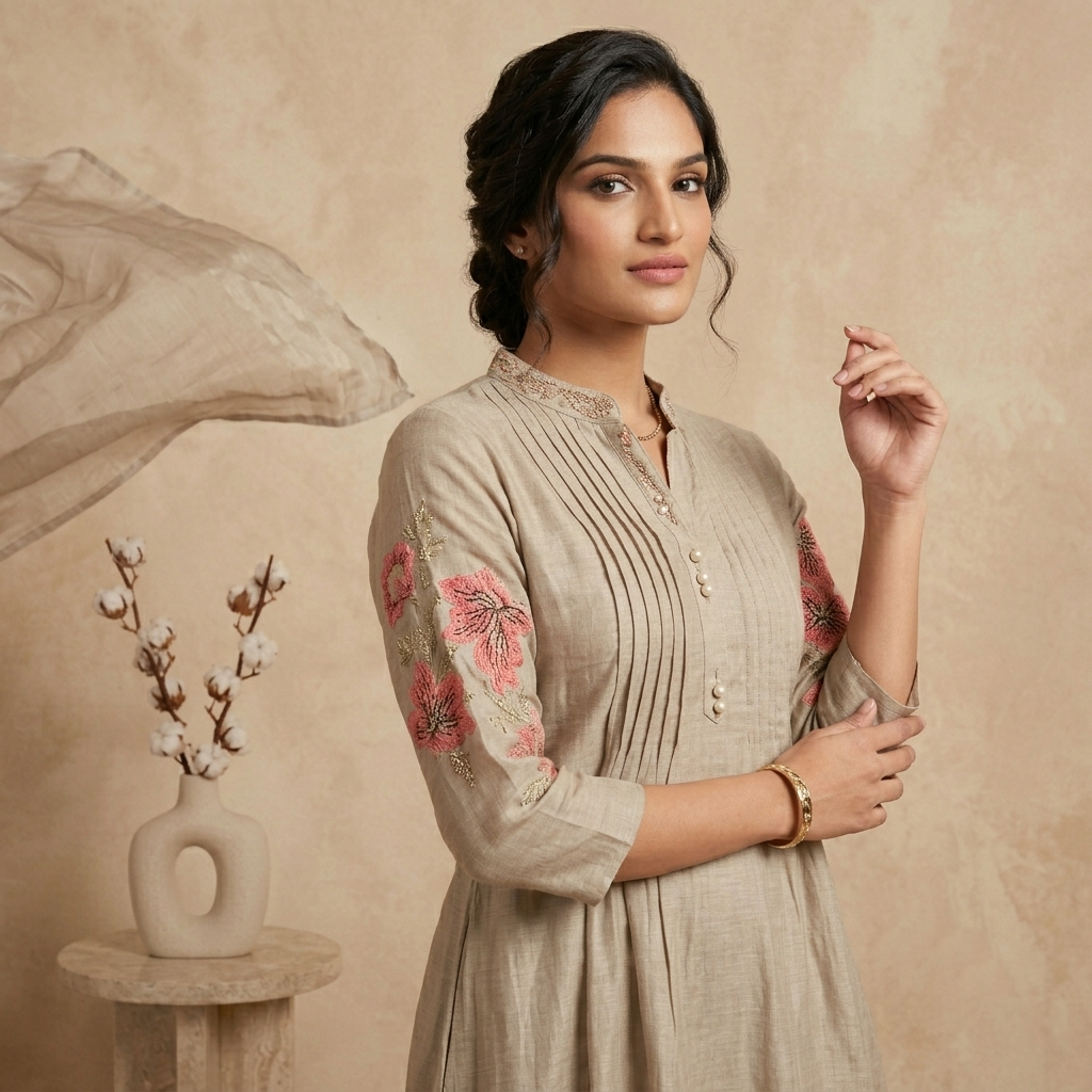 Beige Floral Anarkali 3 Pcs Suit Set