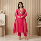 Rani Pink Embroidered Anarkali 3 Pcs Suit Set