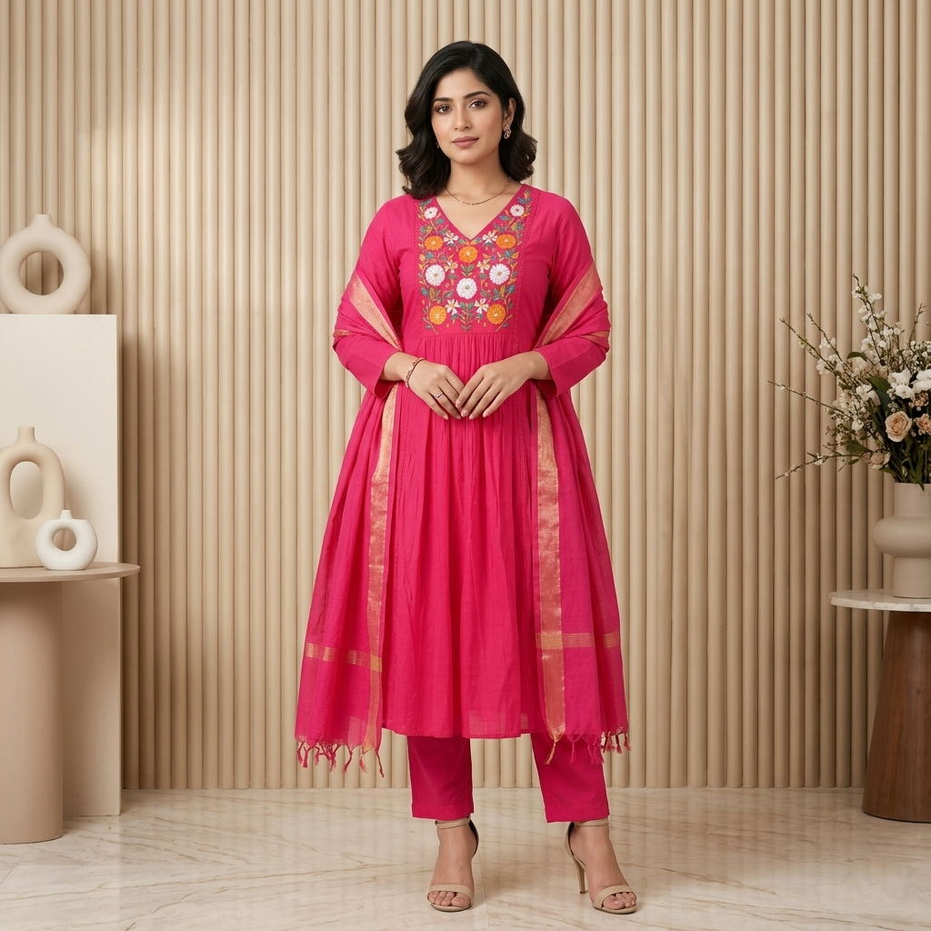Rani Pink Embroidered Anarkali 3 Pcs Suit Set