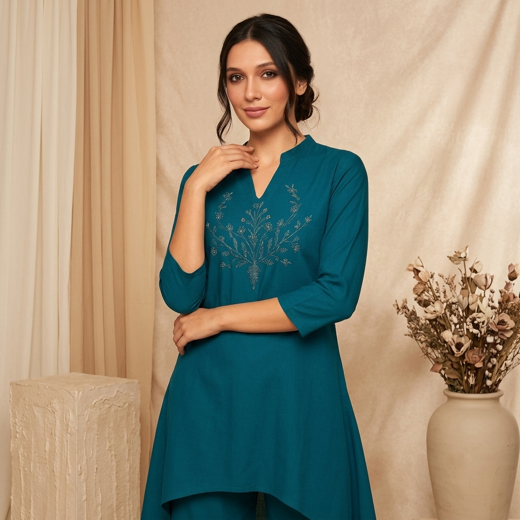 Teal Embroidered Kurti Palazzo Set