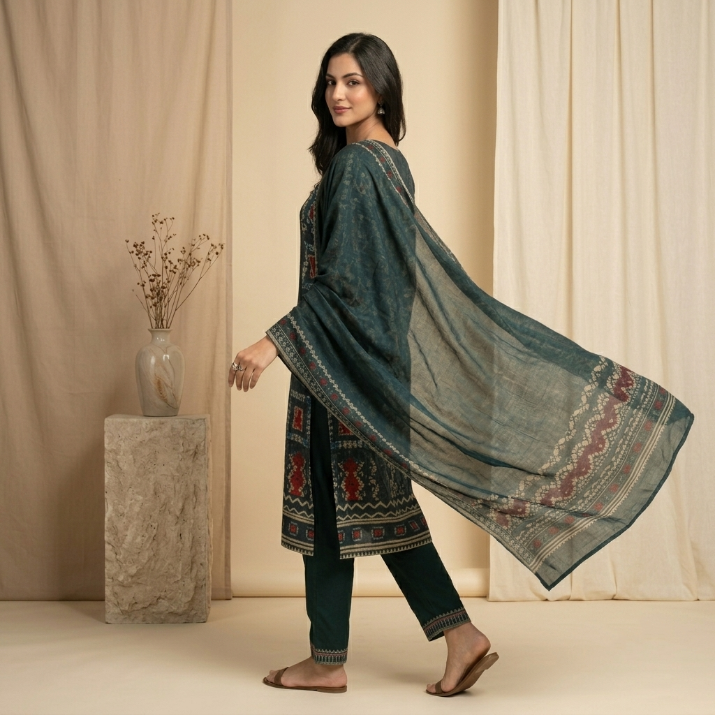 Teal Tribal Print 3 Pcs Suit Set