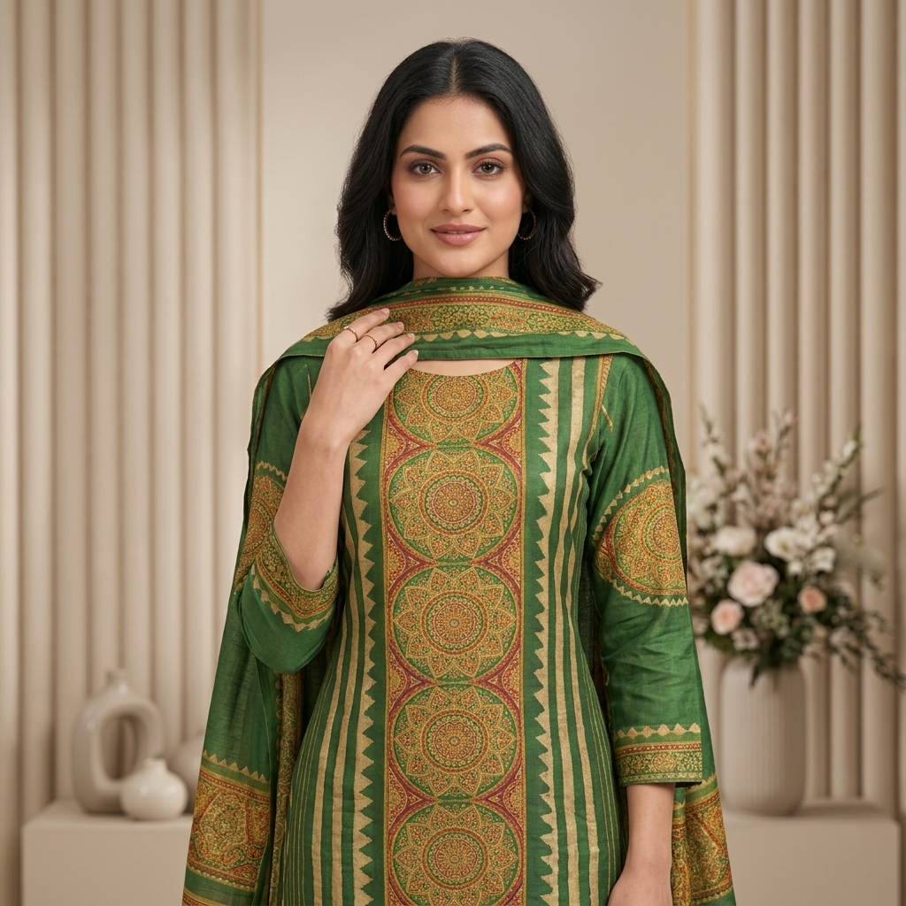 Ajrakh Folk Print Green 3 Pcs Suit Set