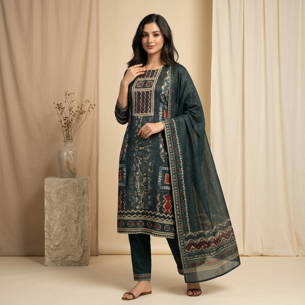 Teal Tribal Print 3 Pcs Suit Set