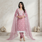 Dusty Rose Floral Embroidered 3 Pcs Suit Set