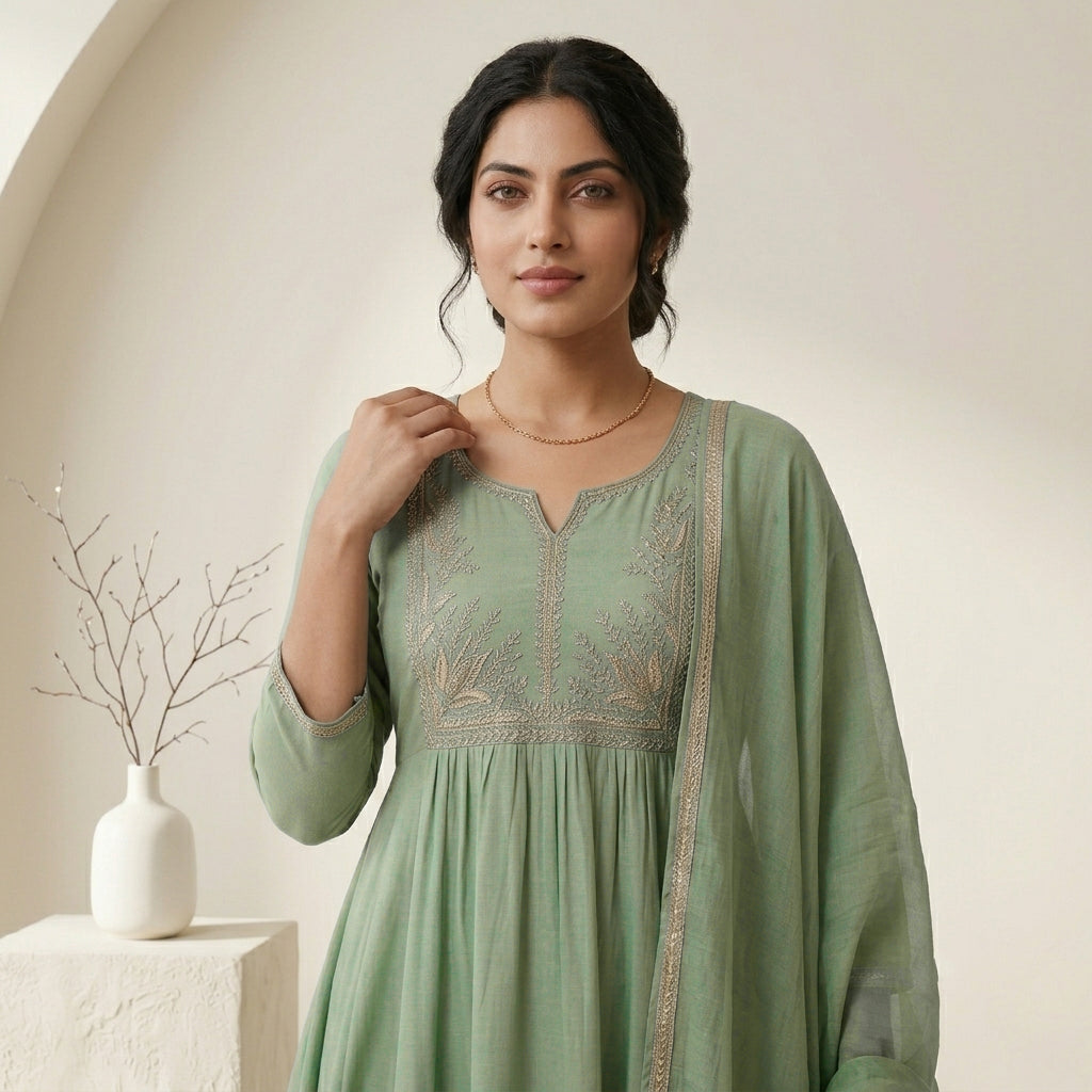 Powder Blue Embroidered Anarkali 3 Pcs Suit Set